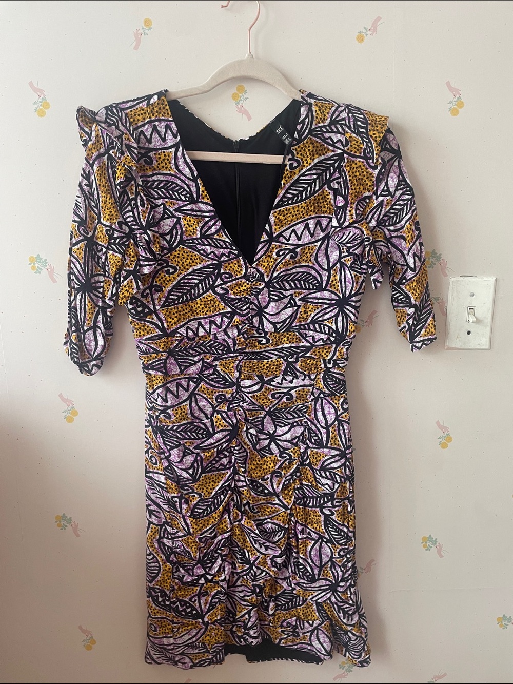 Zara Yellow, Black & Lilac Printed V-Neck Long Sleeve Dress